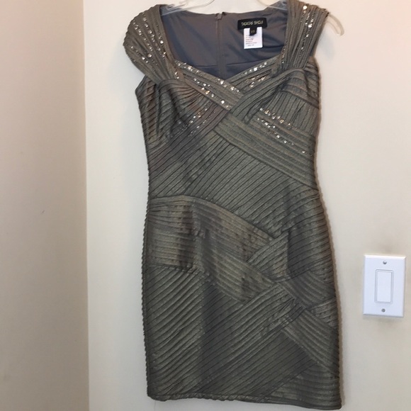 Tadashi Shoji Gold Pleated & Studded Fitted Dress - Picture 2 of 7